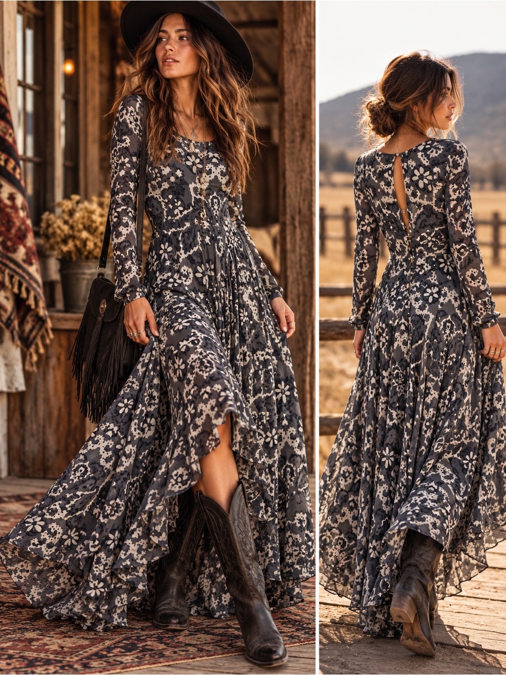 Free People First Kiss Maxi Dress M Gray Floral flowy autumn Boho rodeo festival